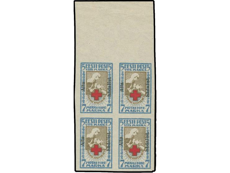1923, Aita hädalist 3½ and 5 m., each as block of four with upper sheet margin, mint never hinged, 3½ m. two stamps with smal