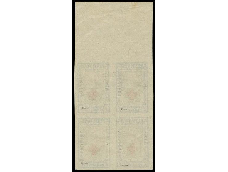 1923, Aita hädalist 3½ and 5 m., each as block of four with upper sheet margin, mint never hinged, 3½ m. two stamps with smal