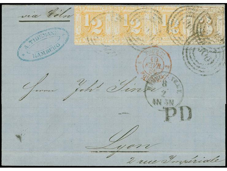 FRANKREICH: 1865, ½ Silbergroschen orange im waagerechten 3er-Streifen und 3 Silbergroschen ockerbraun, farbfrisch und gut du