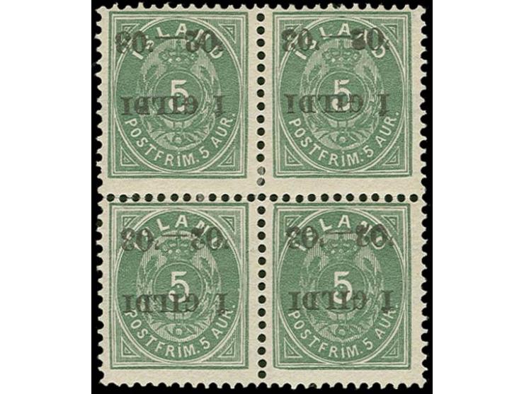 Perforation 12 3/4: 5 aur. green with black inverted overprint, block of 4, unsed, fresh colour, very fine, certificate Mölle