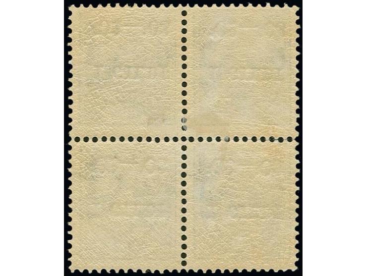 Perforation 12 3/4: 5 aur. green with black inverted overprint, block of 4, unsed, fresh colour, very fine, certificate Mölle