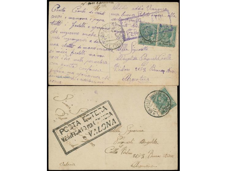 1909, 10 pa. on 5 c. green, single stamp and horizontal pair on two cards from Valona to Argentina with two different censors