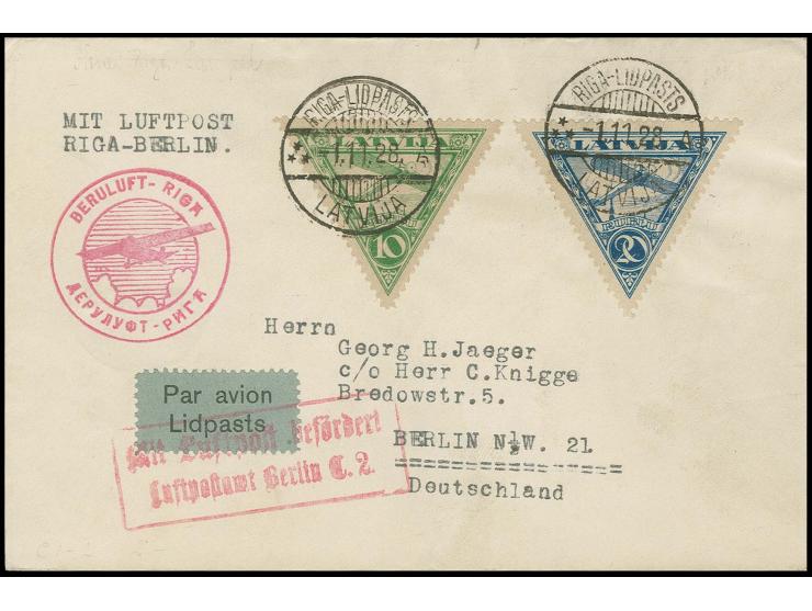 1921, Plane above Riga 10-20 r. tied by cds. "RIGA-LIDPASTS -1.11.28" to airmail cover to Berlin, according to Harry v. Hoffm