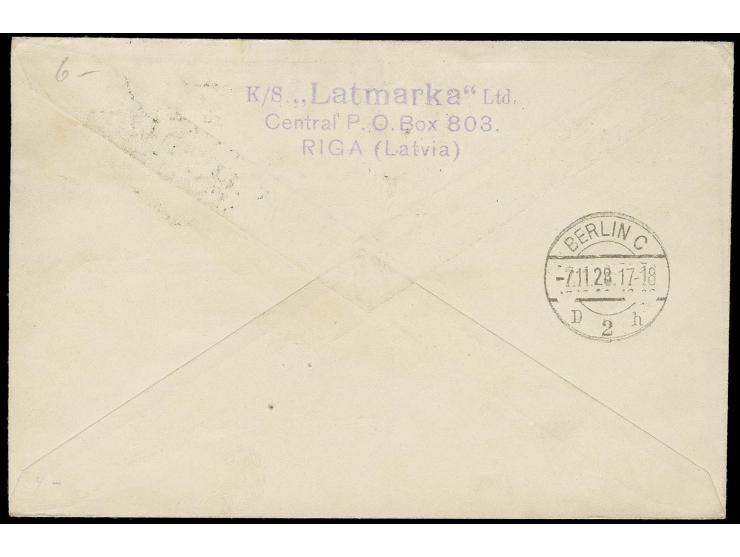 1921, Plane above Riga 10-20 r. tied by cds. "RIGA-LIDPASTS -1.11.28" to airmail cover to Berlin, according to Harry v. Hoffm