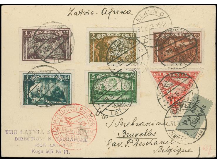 1932, self-protection organization 1-5 s. imperforated with additional franking tied by cds. RIGA-LIDPASTS 28.5.33" to "Afric