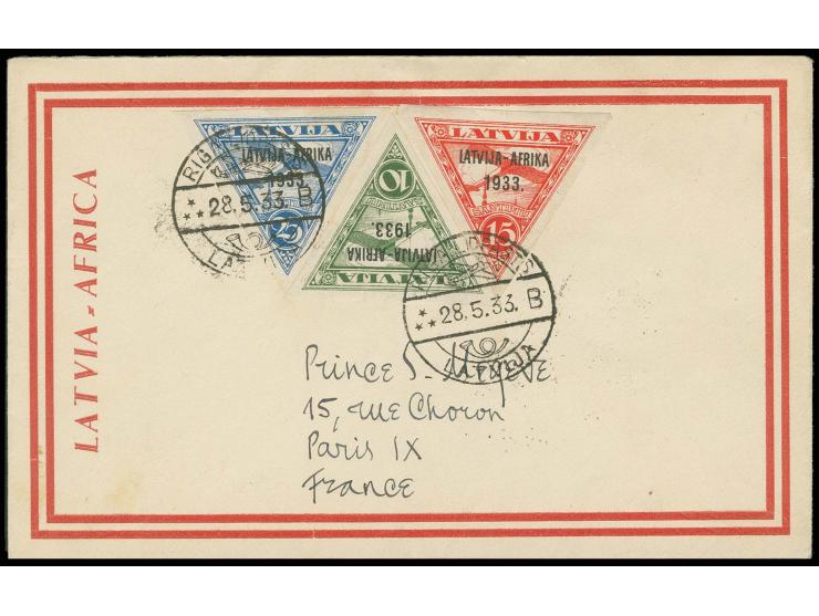 Africa flight 10-25 s. on ornamental cover from "RIGA 28.5.33" to Paris, very fine, certificate Watzke BPP