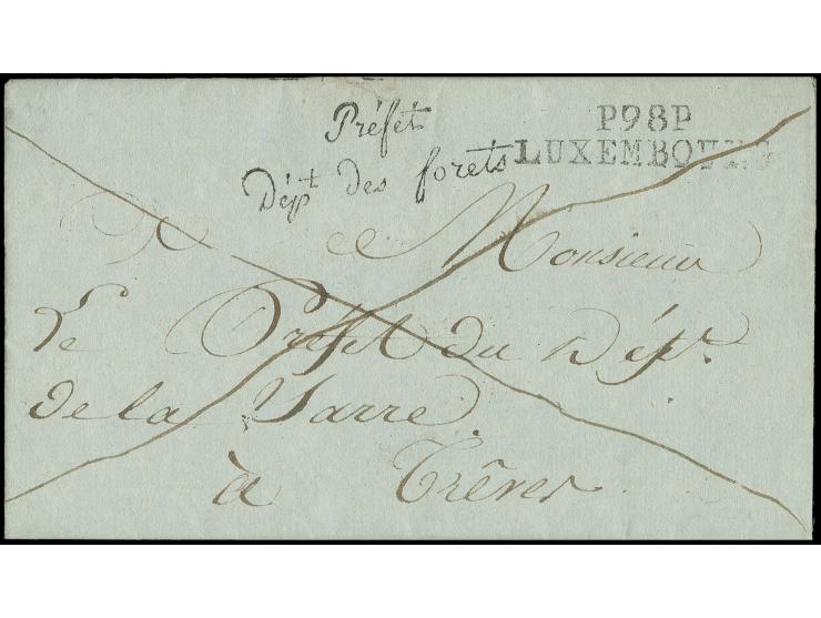  "P98P LUXEMBOURG", clear double-line marking on entire official letter from "Préfet Dept des forets" to Trier, fine and scar