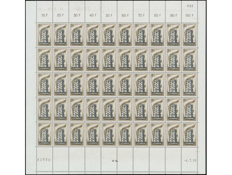1956, CEPT 2-4 fr. in complete sheets of 50 stamps, unmounted mint, very fine and rare (Mi. 15.000,-)