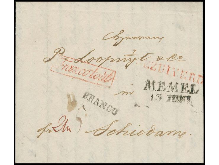 1832, "GEZUIVERD", straight line in red, clear strike on entire letter from Libau via Memel and Arnhem to Schiedman, fine