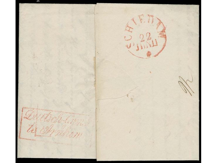 1832, "GEZUIVERD", straight line in red, clear strike on entire letter from Libau via Memel and Arnhem to Schiedman, fine