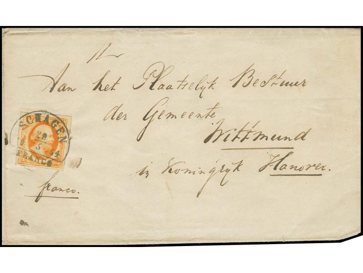 1852, 15 c. orange, large margins, tied by "SCHAGEN 29/5 1854" to complete mourning letter to Wittmund / Kingdom of Hanover, 