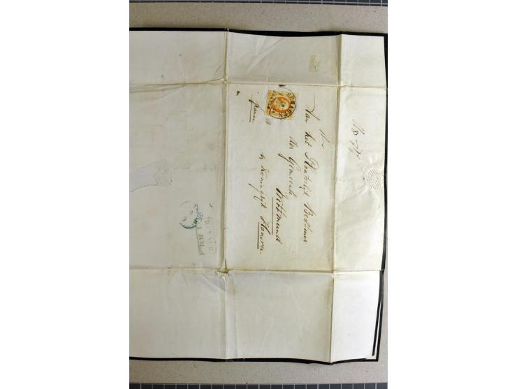 1852, 15 c. orange, large margins, tied by "SCHAGEN 29/5 1854" to complete mourning letter to Wittmund / Kingdom of Hanover, 