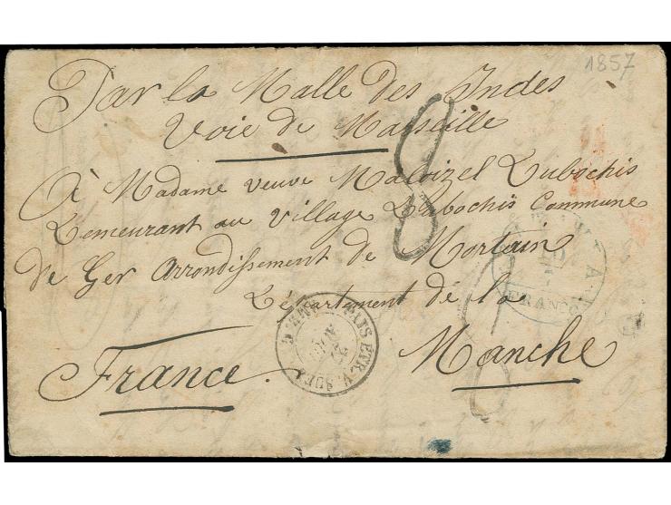 1857, "BATAVIA FRANCO 10/7" on entire letter endorsed "Par la Malle des Indes voie du Marseille" to France, paid to Alexandri