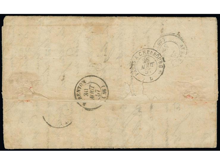 1857, "BATAVIA FRANCO 10/7" on entire letter endorsed "Par la Malle des Indes voie du Marseille" to France, paid to Alexandri