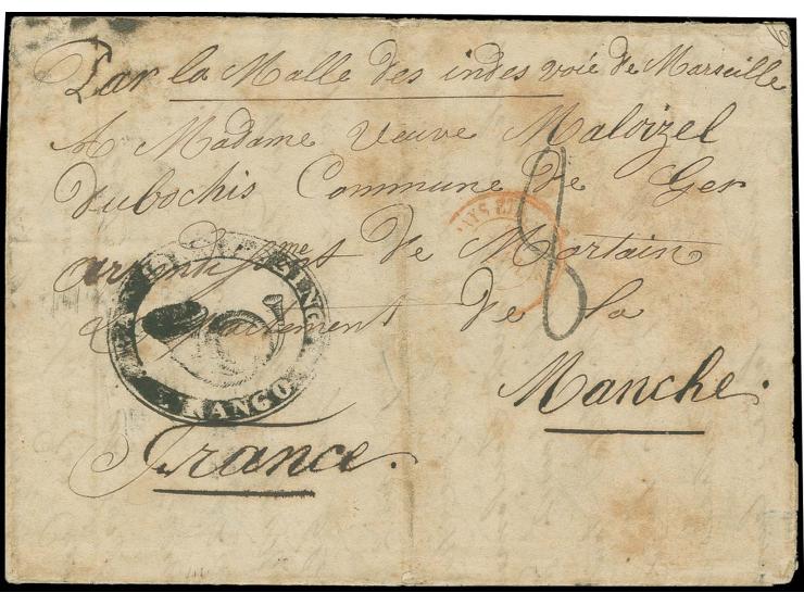 1858, "BANDJERMASING FRANCO", Posthorn marking on almost complete letter endorsed "Par la Malle des Indes voie de Marseille" 