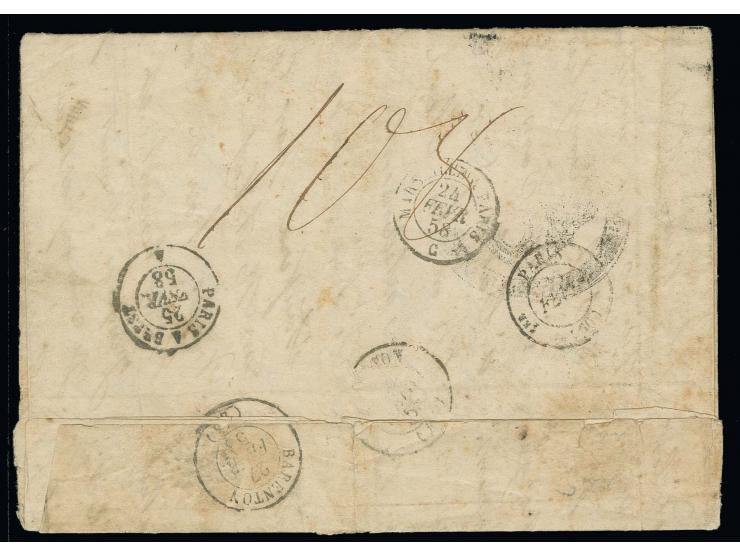 1858, "BANDJERMASING FRANCO", Posthorn marking on almost complete letter endorsed "Par la Malle des Indes voie de Marseille" 