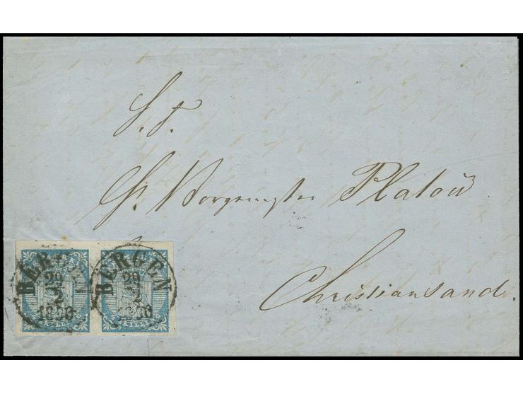 1855, 4 sk. blue as horizontal pair with good margins all round, tied by cds. "BERGEN 29 2 1858 to folded letter to Christian