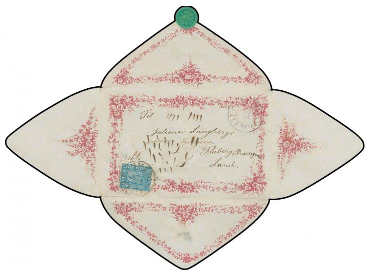 1867, 4 sk. blue, tied by cds. "LILLEHAMMER 14 3 1867" to beautiful Lady's envelope with printed flower ornaments in rose on 