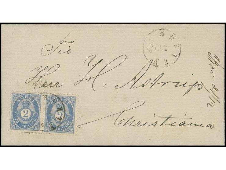 1872/75, 2 sk. blue, horizontal pair, tied to entire letter from "HORTEN 11 10 1873" to Christiania