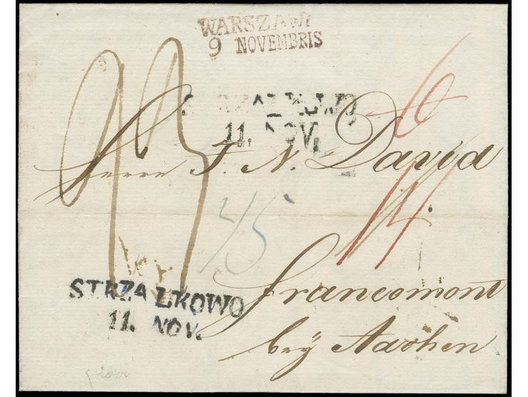 1818, "WARSZAWA 9.NOVEMBRIS", two line datestamp in red on folded letter via Strzalkowo to Francomont (Belgium) with transit 