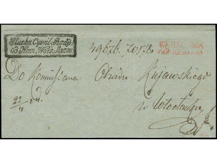 1824, "WARSZAWA 22 APRILIS" two line datestamp in red on folded cover with a framed "Sluba Cywil.Rzad.Od Kom. Woie:Mazow" to 