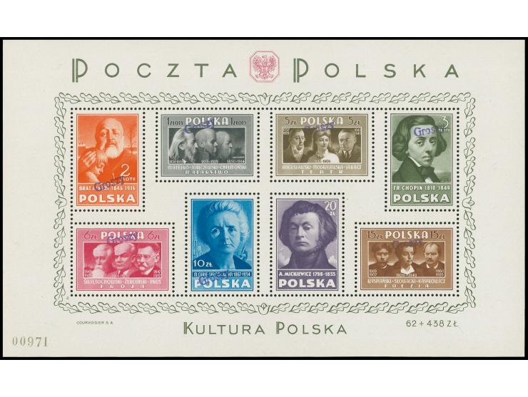 1950, Groszy handstamps: Culture souvenir sheet with handstamp "Groszy" in type 26, unmounted mint, certificate Wezranowski (