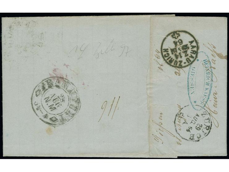  1862/64, 9 Kreuzer ockerbraun, 2 Einzelwerte mit Nummer "115" und nebengesetztem EKr. "GIESSEN STADT 28/8" (1864) auf vollst