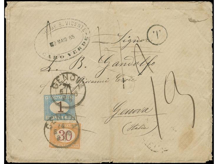 1885, "CORREO DE S. VICENTE / CABO VERDE / 2 MAIO 85", clear oval marking on envelope to Genua, endorsed on reverse "Siamo in
