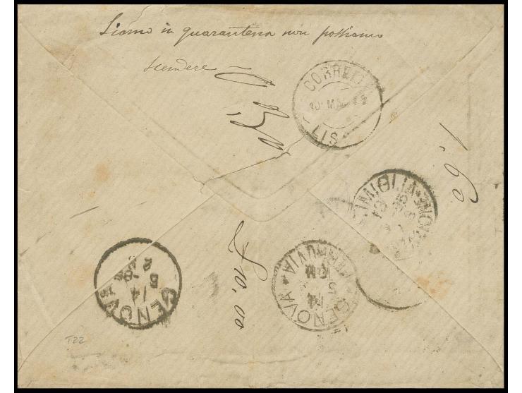 1885, "CORREO DE S. VICENTE / CABO VERDE / 2 MAIO 85", clear oval marking on envelope to Genua, endorsed on reverse "Siamo in