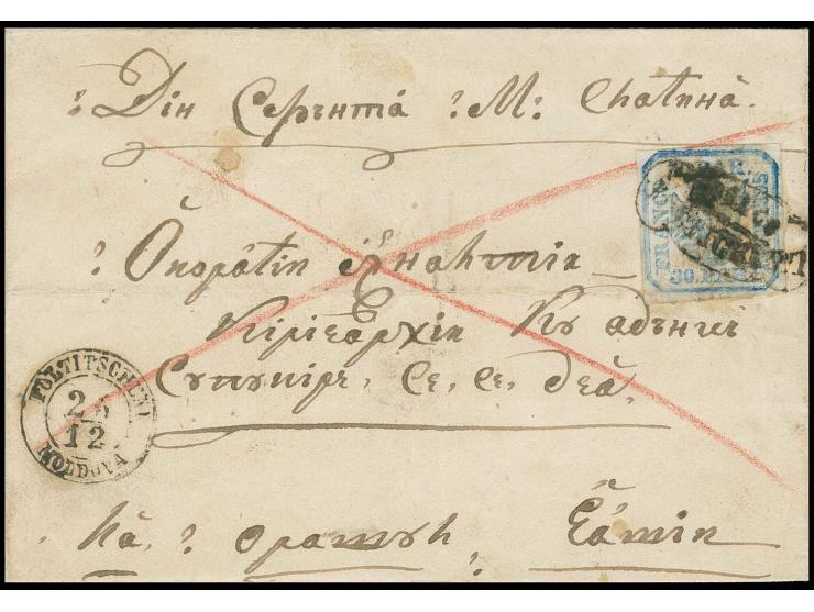1862, print from single dies 30 par. blue, full margins, tied by fancy "FRANCO FOLTITSCHENI" to lettersheet with adjacent "FO