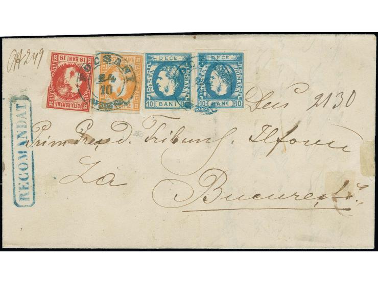 1868, Prince Carol New Currency Issue 2 b. orange and 18 b. brick-red together with two singles 1869 10 b. blue tied by blue 
