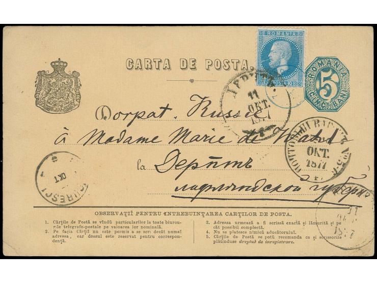 1876, Bucarest print 10 b. with plate flaw 'cigarett' with blue small cds.on postcard 5 b. blue to Dorpat, some paper remaind