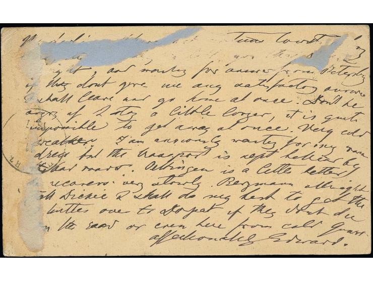 1876, Bucarest print 10 b. with plate flaw 'cigarett' with blue small cds.on postcard 5 b. blue to Dorpat, some paper remaind