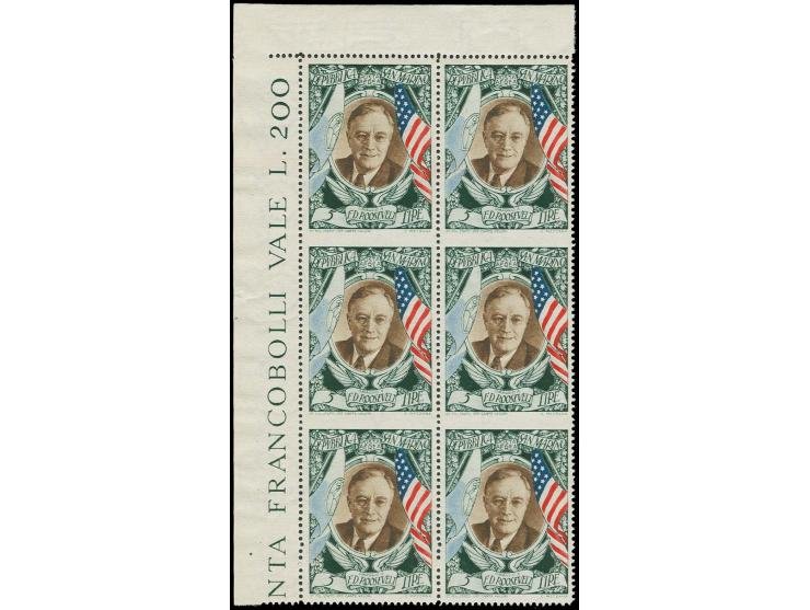 1947, Roosevelt airmail 5 l., vertical block of 6 from the upper left sheet corner, imperforated horizontaly between the stam