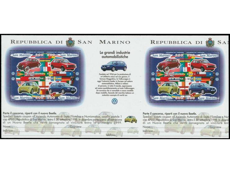 1997, Volkswagen 800 l. souvenir sheet, uncut horizontal pair, mint never hinged, fine