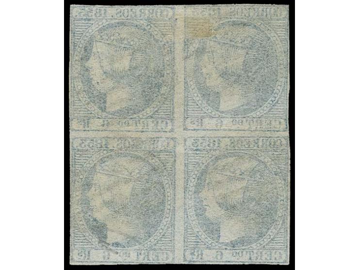 1853, 6 r. blue, block of 4 with clear to mostly good margins, used with grid cancel, fine