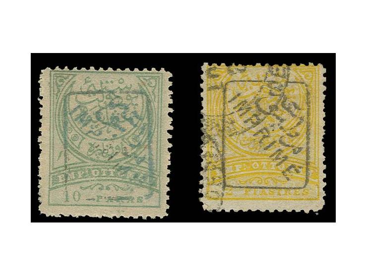 1891, Definitives with overprint "IMPRIME": 2 pi. yellow, used and 10 pa. with blue overprinted, unused, very fine, each with