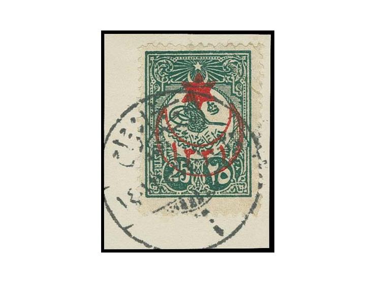 Overprint on 1909/11 25 p. dark-green, tied by cds. "ISTANBUL" to small piece, very fine, certificate ISFILA  (Isfila.-Nr. 54