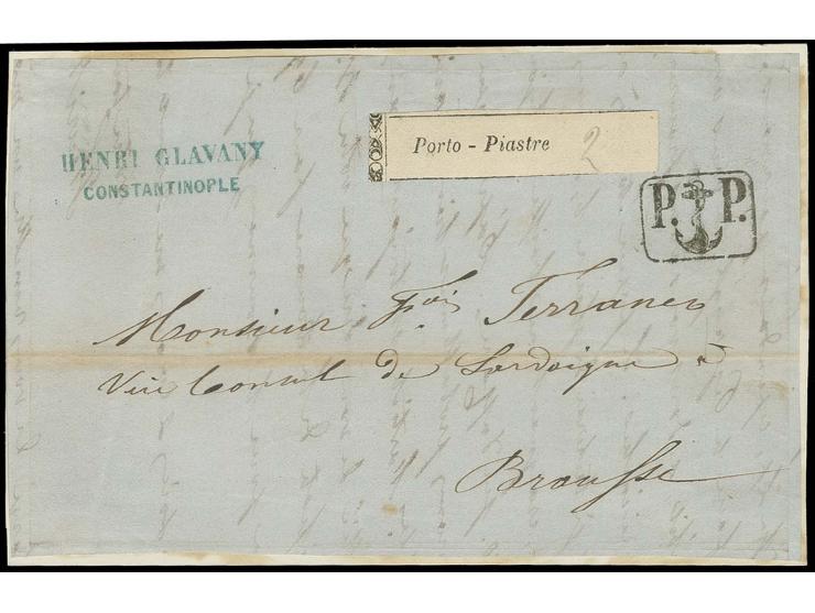 1859 (ca.), "Porto-Piastre" with manuscript "2" on cover front with clear adjacent "P.P." to Brousa