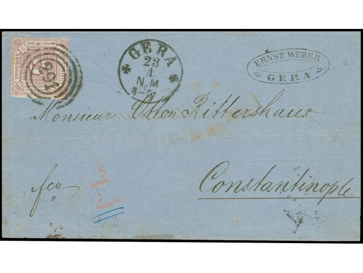 TÜRKEI: 1859/61, 5 Silbergroschen braunpurpur mit klarer Nummer "291" und nebengesetztem EKr. "GERA 23 1" (1867) auf Faltbrie