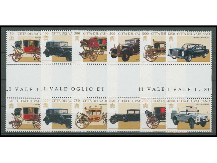 1997, Papal coaches and cars, 50-500 and 1000-1250 l., each as vertical gutter pair, mint never hinged, fine
