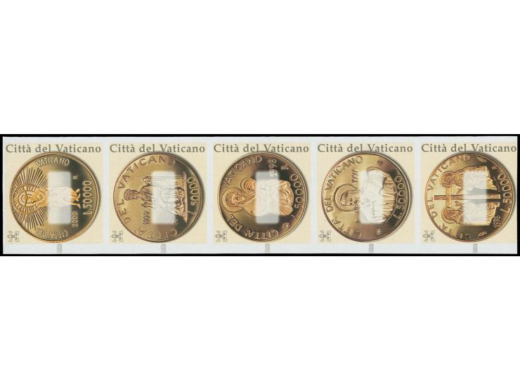 VENDINGSTAMPS: Gold coins of the years 1996-2000, vertical strips of five without value imprint, mint never hinged, very fine