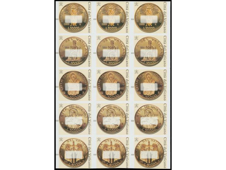 VENDINGSTAMPS: Gold coins of the years 1996-2000, three continuous, vertical strips of five without value imprint, mint never