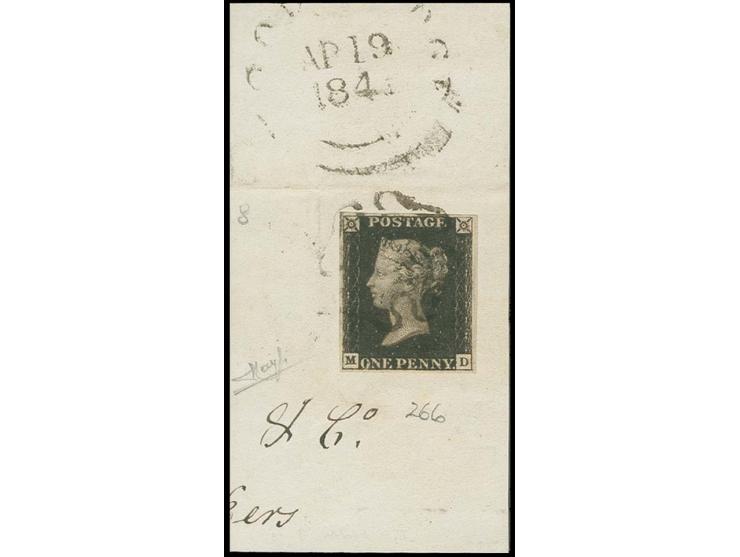 1840, 1 d. deep black, MD, good to wide margins, tied by black MC to piece, fine, sign. Raybaudi