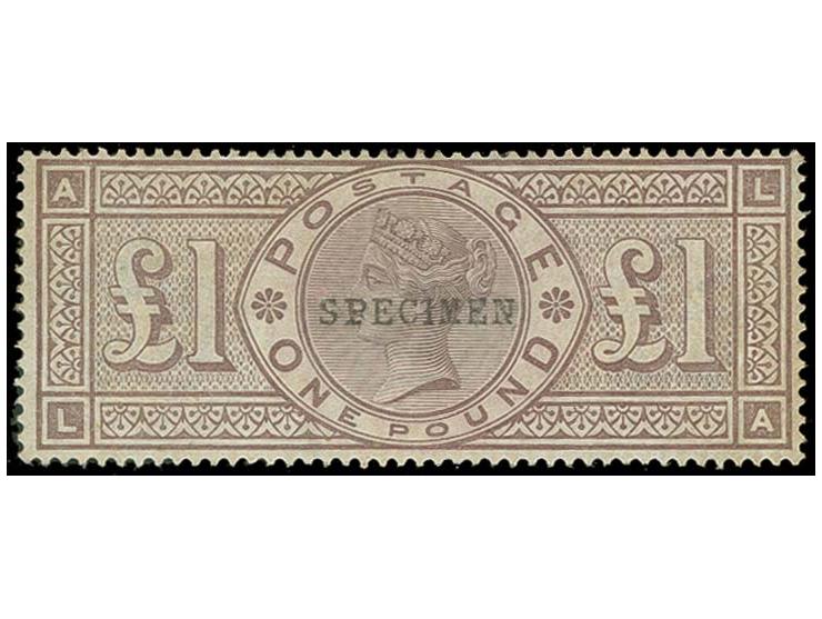 1884, 1£  brown-lilac, watermark «Three Crowns», overprinted SPECIMEN type 9, unused without gum.
 