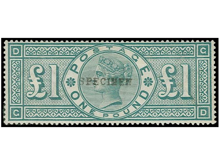 1891, 1 Pound green overprinted SPECIMEN type 9, original gum, few brownish paper adhesions, otherwise fine
 
