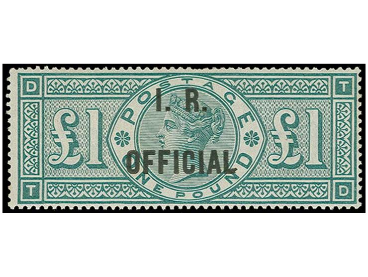 1892, I.R.OFFICIAL, 1 Pound green, brilliant original gum, lightly mounted, few irregular perforations at top, otherwise in a
