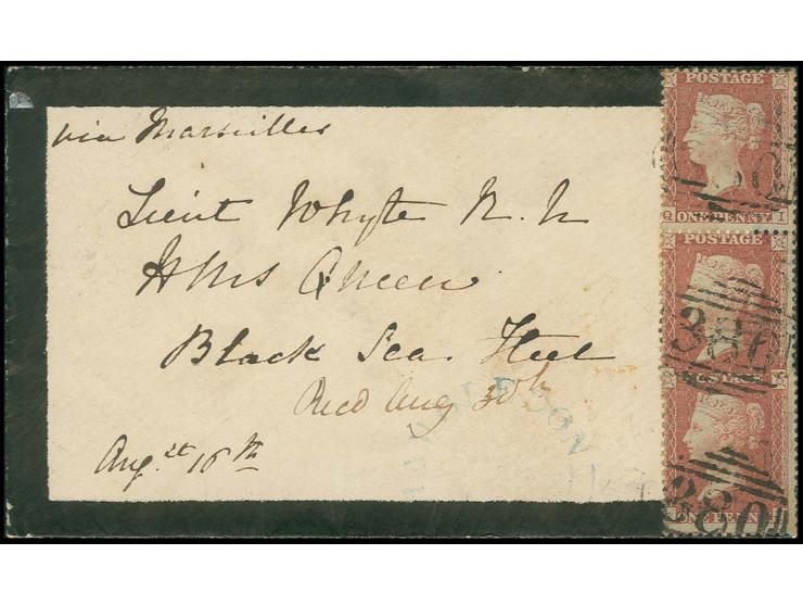1855, small mourning cover from "HORNDEAN AU 16 1855" adressed to a Lieutenant on 'HMS Queen, Black Sea Fleet", franked with 