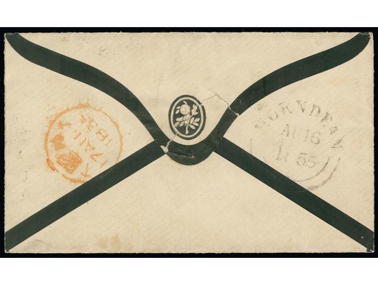1855, small mourning cover from "HORNDEAN AU 16 1855" adressed to a Lieutenant on 'HMS Queen, Black Sea Fleet", franked with 