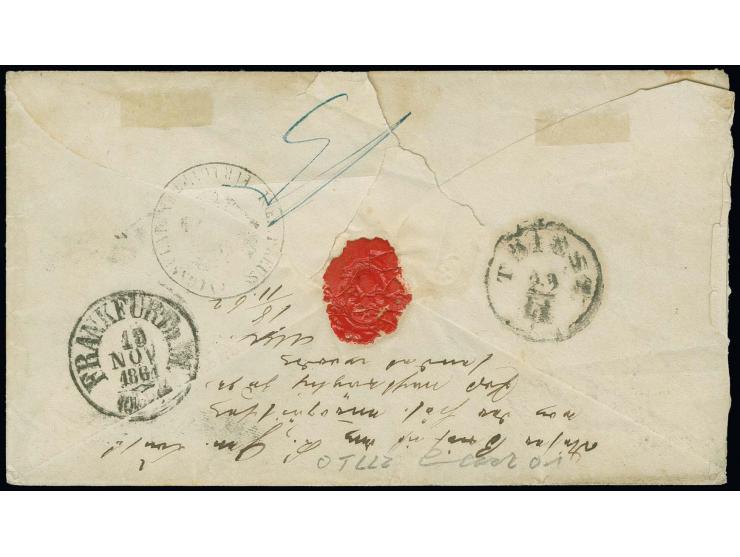 ÄGYPTEN: 1859/61, 15 Kreuzer braunpurpur mit 2 Stück 1 Kreuzer grün und 3 Kreuzer blau, mit Nummer "107" und nebengesetztem E